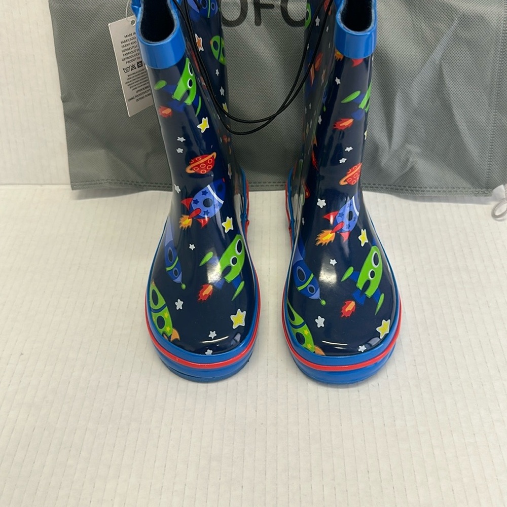 Kids Navy Space Rocket Rain Boots with Playful Graphics